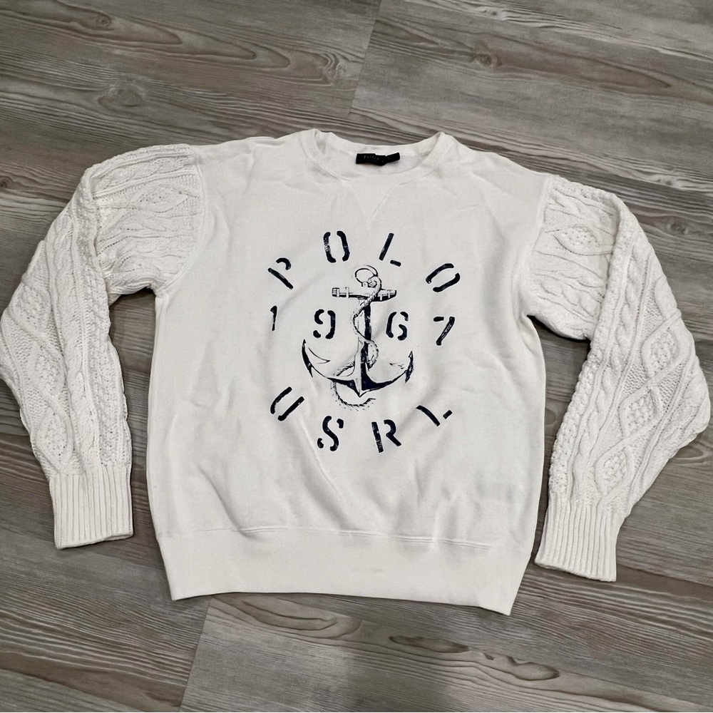 RALPH LAUREN Polo Women’s Sweatshirt with cable knit sleeves. White/Navy. XS EUC